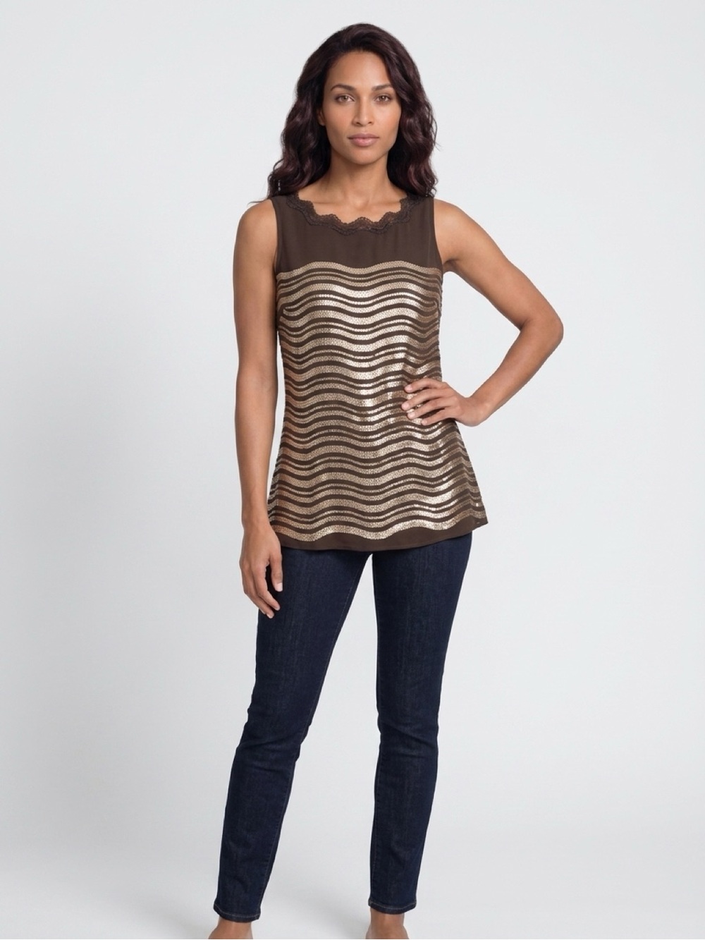 Soft Surroundings Brown Tank with Gold Sequin Wave Stripes